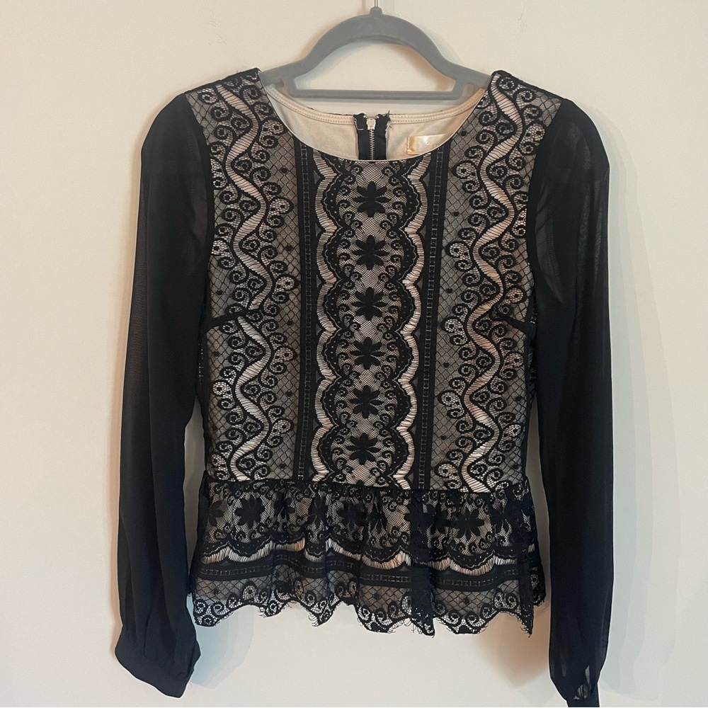 Aniina Black Lace Peplum Blouse Zipper Back Size M